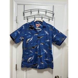 RJC Men's M Blue Shark Print Hawaiian Aloha Shirt Made in Hawaii 100% Cotton
